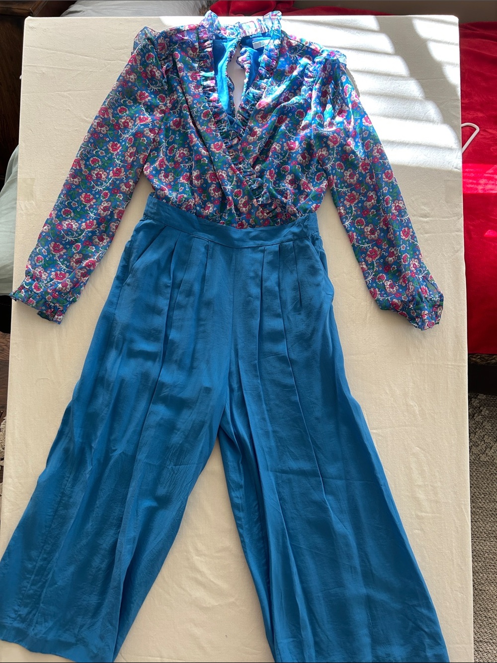 Boden Wide-Leg Teal Blue Pants with Floral Blouse